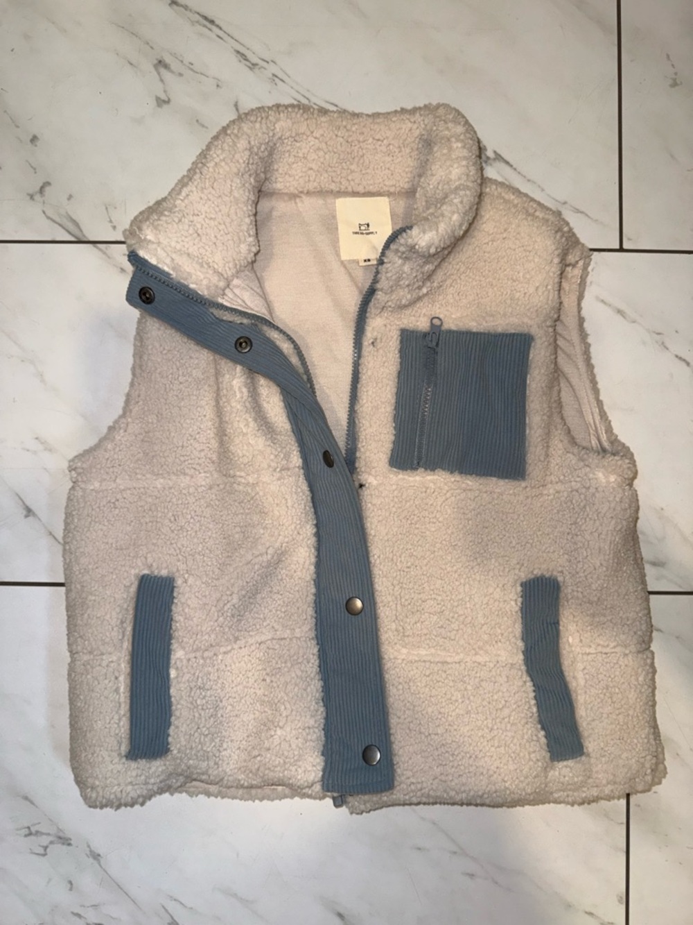 Thread & Supply Cream Sherpa Vest with Blue Trim